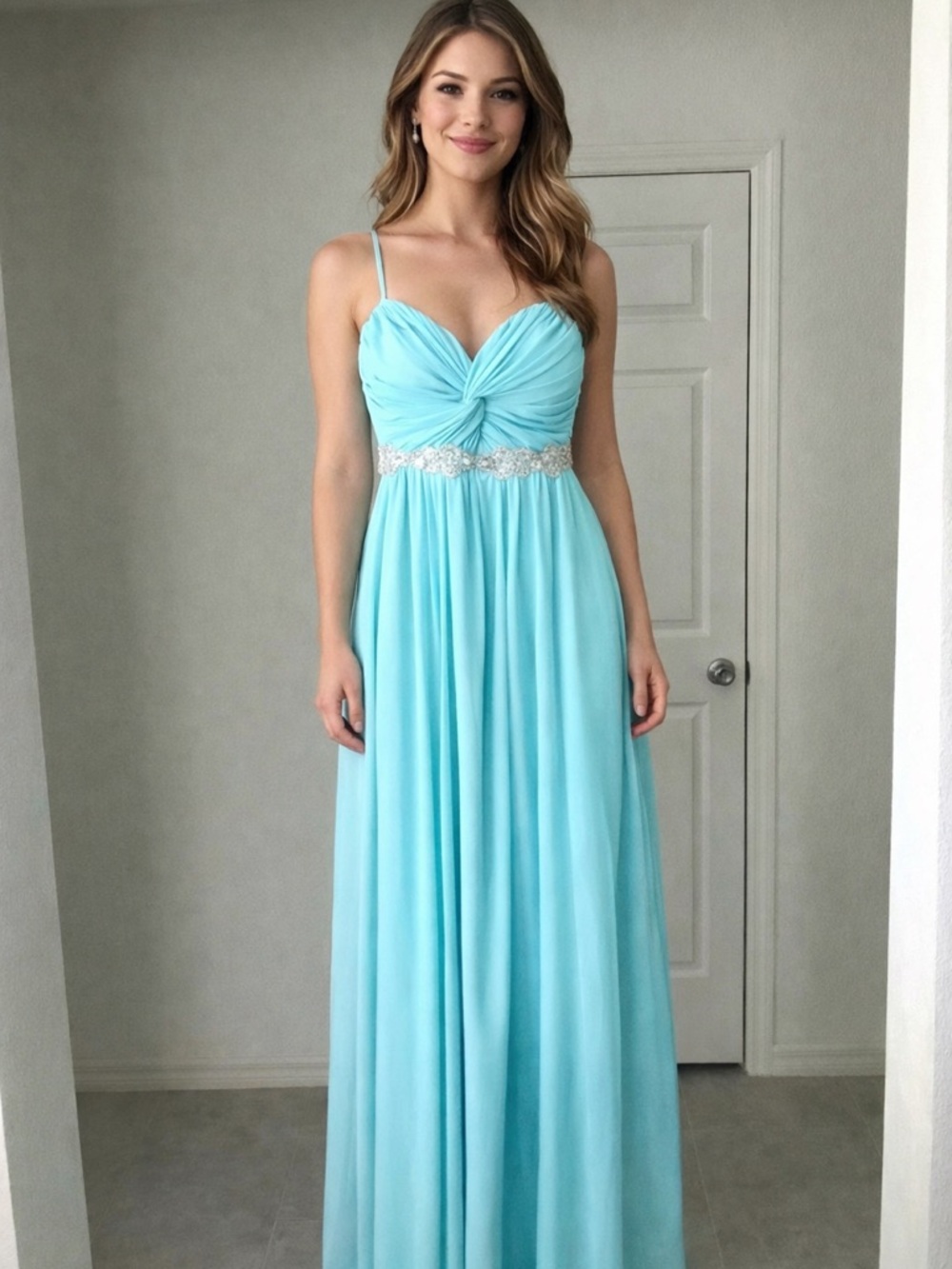 City Triangles Strapless Chiffon Evening Dress with Beaded Waist